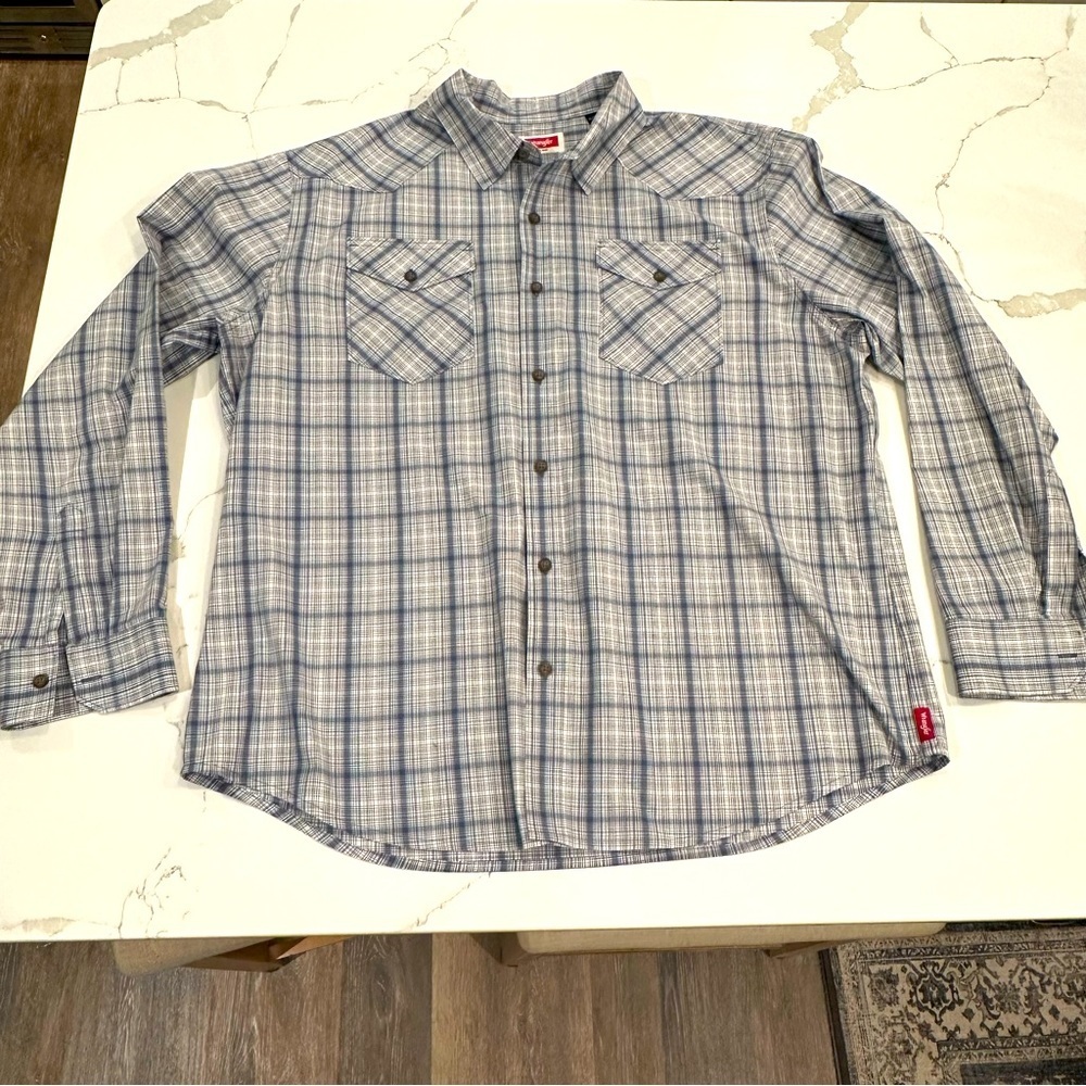 Wrangler Western Blue Gray Plaid Button Down Shirt Workwear Cowboy Classic XL